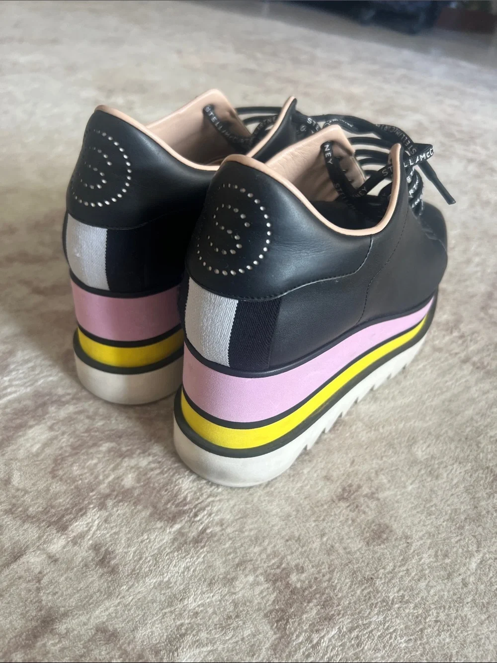Stella McCartney Black Platform Sneakers with Pink & Yellow Layered Sole
